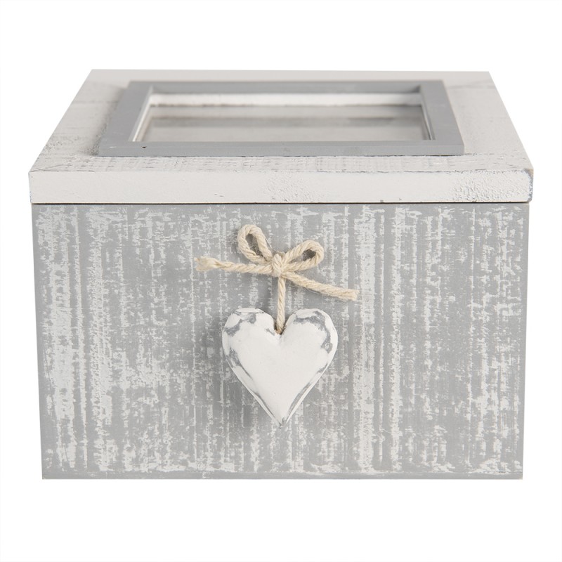 6H2027 Aufbewahrungsbox 14x14x9 cm Grau Weiß Holz Glas Herz Quadrat Lagerbox