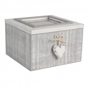 26H2027 Storage Box 14x14x9 cm Grey White Wood Glass Heart Square Storage Case