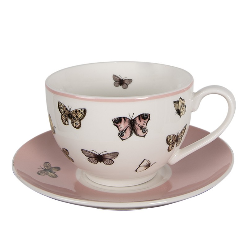 BPDKS Tasse mit Untertasse 200 ml Weiß Rosa Porzellan Schmetterlinge Geschirr