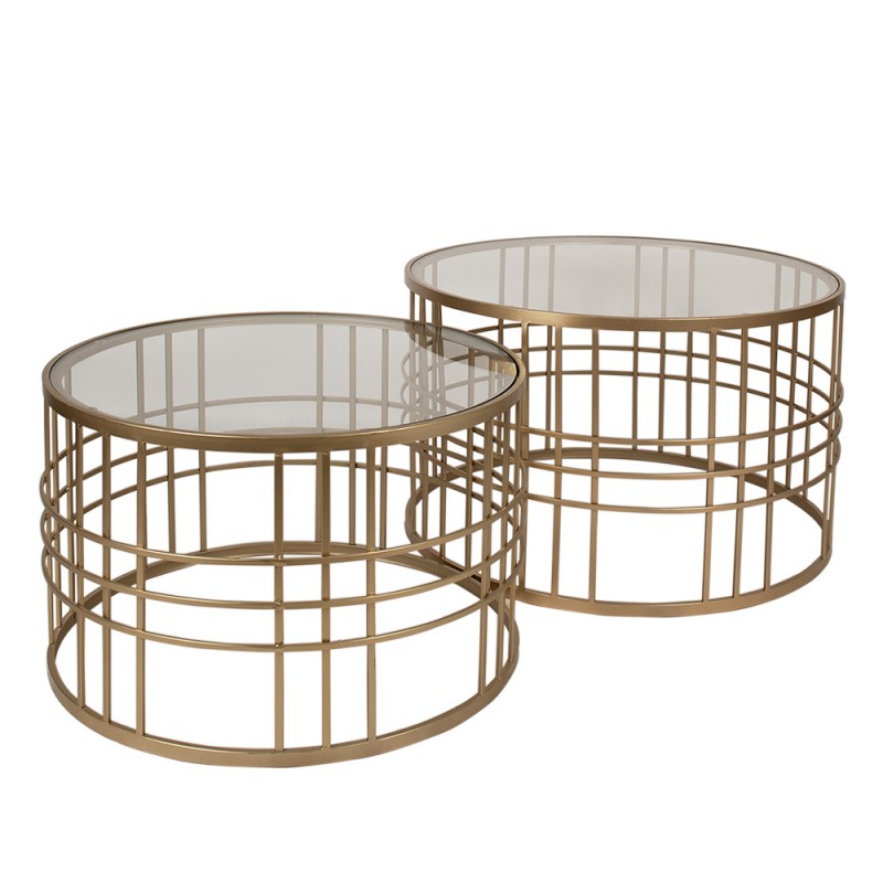 5Y1153 Coffee Table Set of 2  Ø75x46 / Ø66x41 cm Gold colored Metal Glass Round Side Table