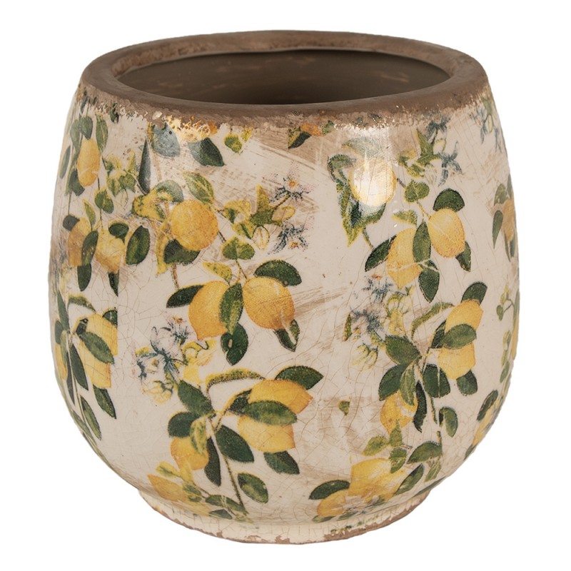 6CE1608M Pot de fleurs Ø 15x15 cm Beige Jaune Céramique Citrons Pot de fleurs d'intérieur