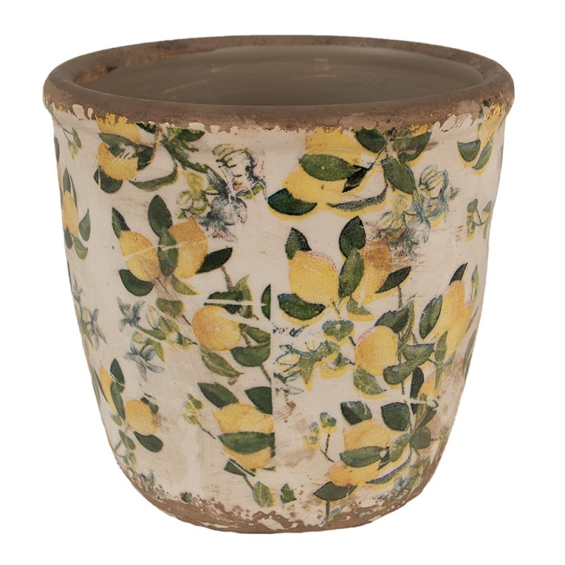 6CE1609M Pot de fleurs Ø 14x13 cm Beige Jaune Céramique Citrons Pot de fleurs d'intérieur