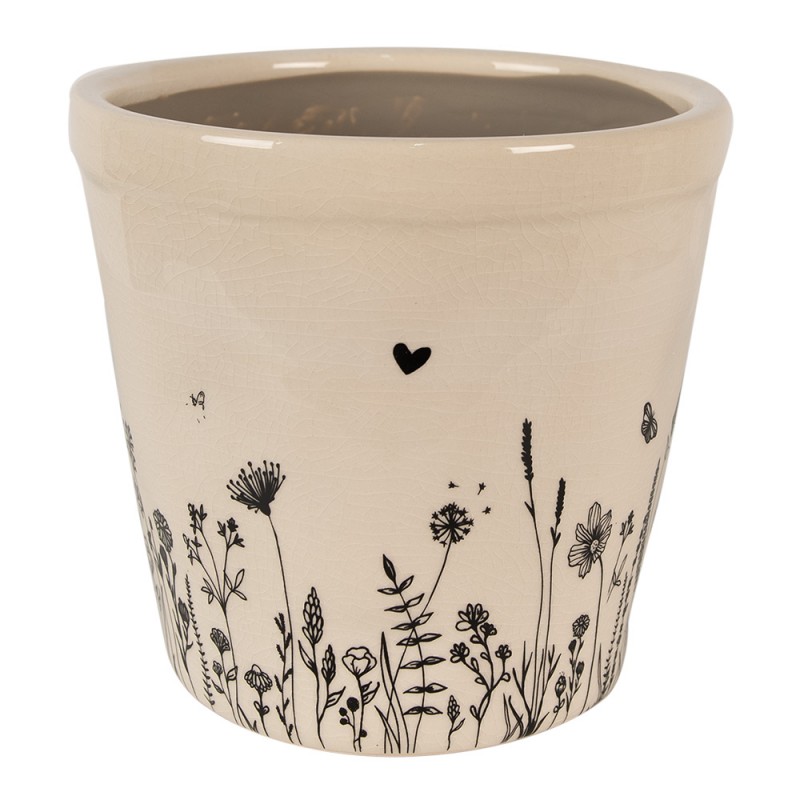 6CEFAF0001M Pot de fleurs Ø 15x14 cm Beige Noir Céramique Fleurs Pot de fleurs d'intérieur