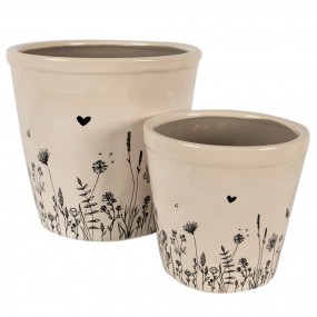 26CEFAF0001M Pot de fleurs Ø 15x14 cm Beige Noir Céramique Fleurs Pot de fleurs d'intérieur