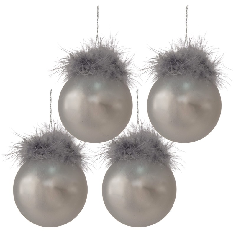 6GL3941 Christmas Bauble Set of 4 Ø 8 cm Silver colored White Glass Christmas Tree Decorations