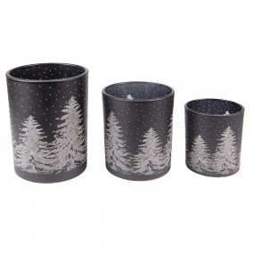 26GL4104 Tealight Holder Set of 3 Black Glass Pine Trees Round Tea-light Holder