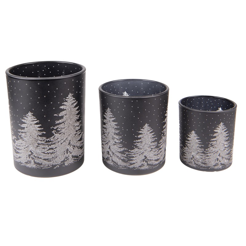 6GL4104 Tealight Holder Set of 3 Black Glass Pine Trees Round Tea-light Holder