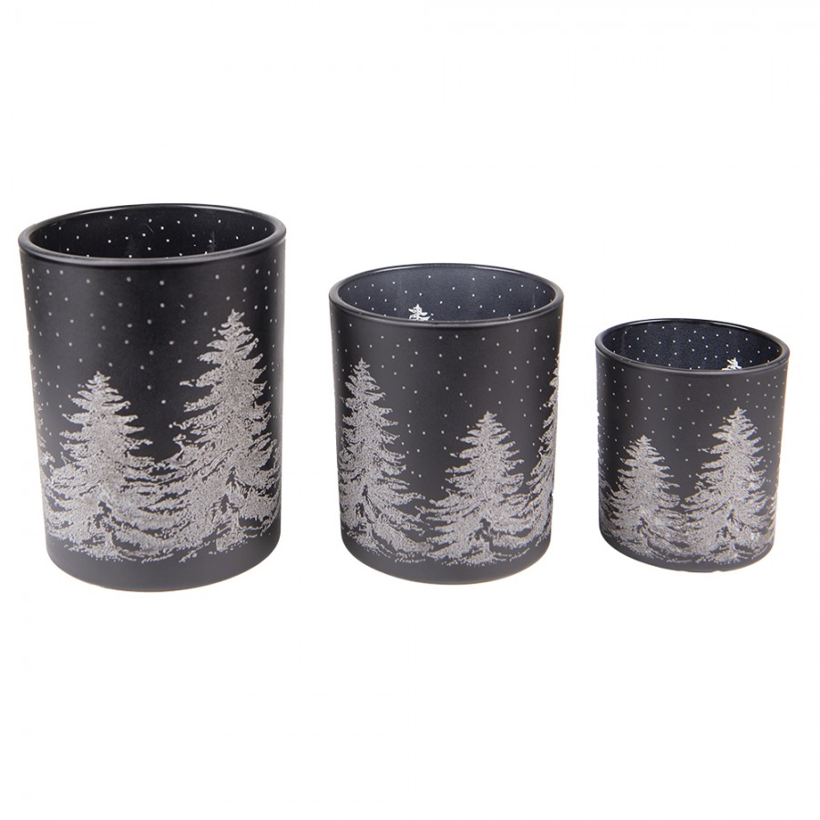 6GL4104 Tealight Holder Set of 3 Black Glass Pine Trees Round Tea-light  Holder