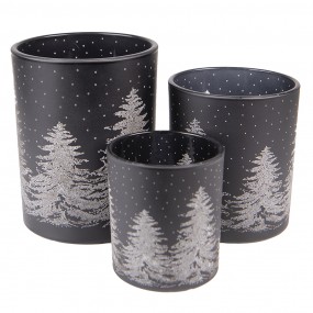 26GL4104 Tealight Holder Set of 3 Black Glass Pine Trees Round Tea-light Holder
