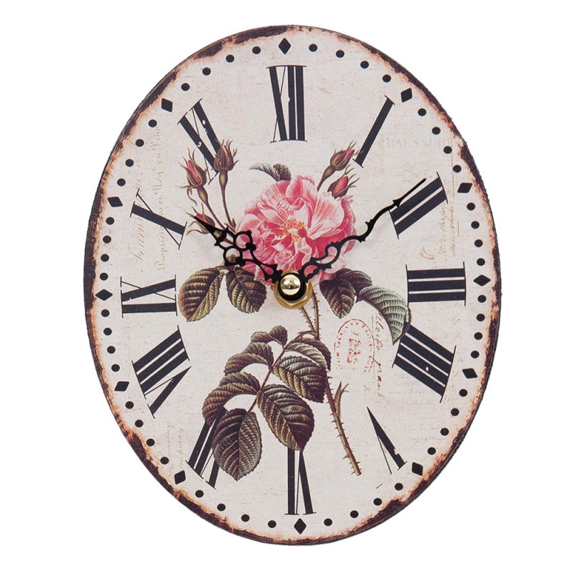 6KL0320 Table Clock 15x18 cm Beige Pink Wood Flowers Round Indoor Table Clock