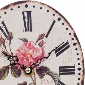 26KL0320 Table Clock 15x18 cm Beige Pink Wood Flowers Round Indoor Table Clock