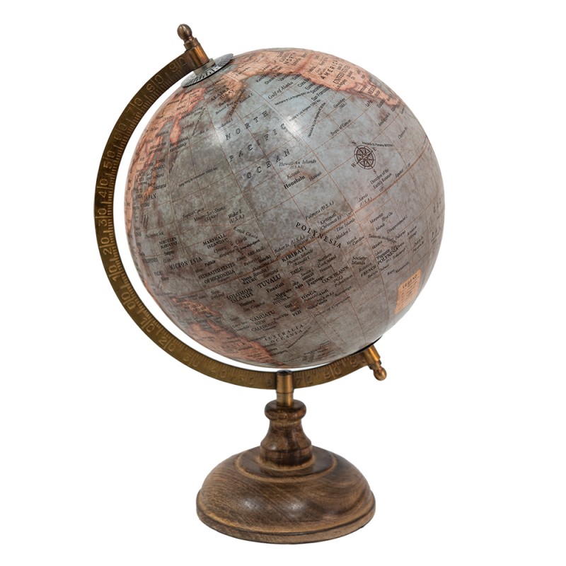 64915 Wereldbol  22x37 cm Blauw Roze Hout Ijzer Rond Globe