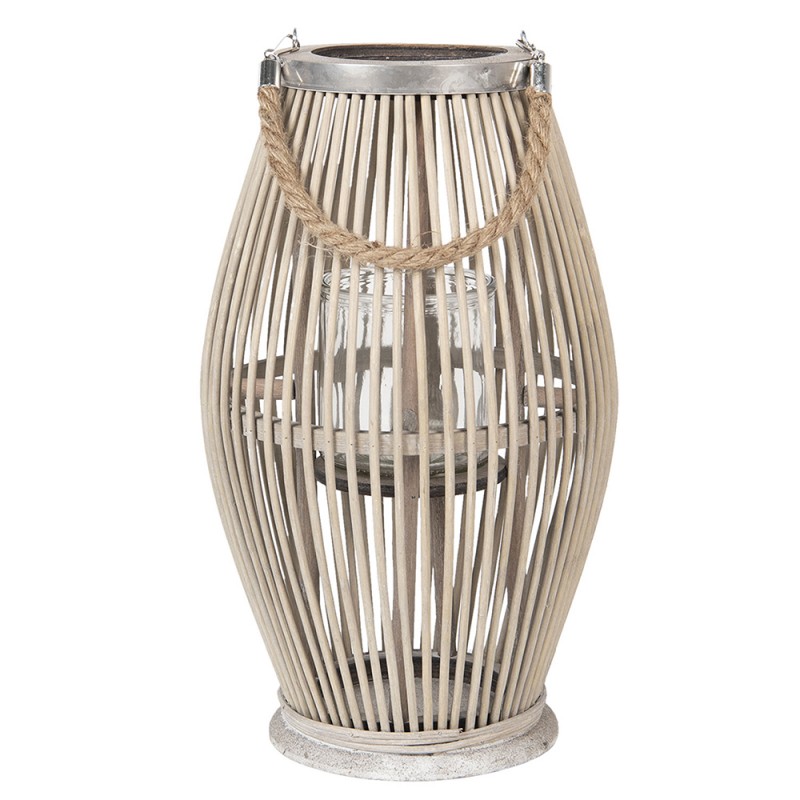 6RO0470M Wind Light Ø 23x40 cm Grey Wood Glass Round Candlestick