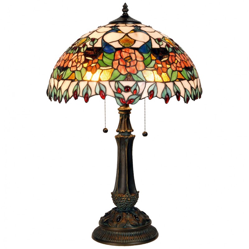 5LL-5530 Lampe de table Tiffany Ø 41x67 cm  Rouge Vert Verre Rose Demi-cercle Lampe de bureau Tiffany