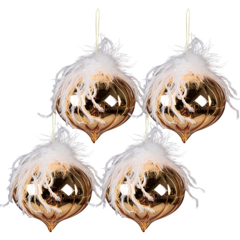 6GL3932 Christmas Bauble Set of 4 Ø 12 cm Gold colored White Glass Christmas Tree Decorations