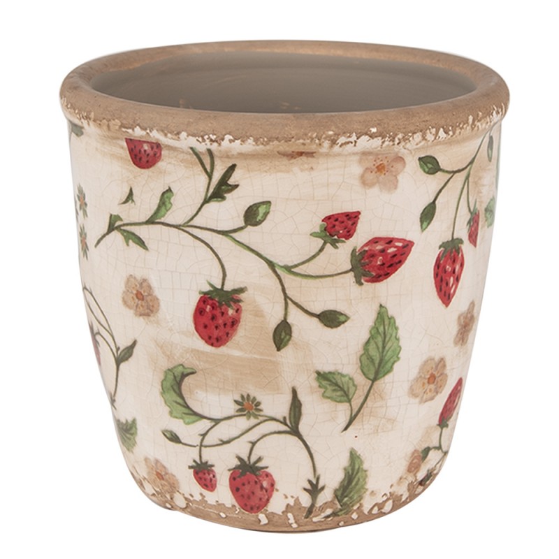 6CE1631M Planter Ø 14x13 cm Beige Red Ceramic Strawberries Indoor Planter