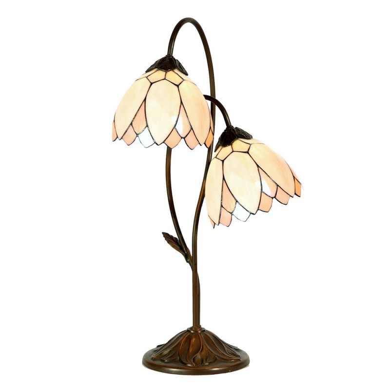 5LL-5602 Tiffany Tischlampe Ø 33x61 cm Beige Braun Glas Blumen Schreibtischlampe Tiffany
