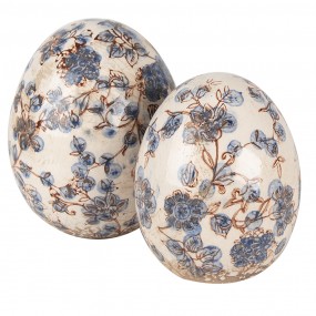 26CE1620L Decoration Egg Ø 14x16 cm Beige Blue Ceramic Flowers Home Decor