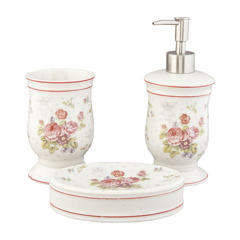 62820 Bathroom Set Set of 3 White Pink Ceramic Flowers Bathroom Accessories Set