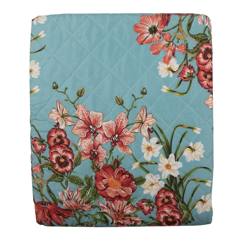 Q197.061 Couvertures 240x260 cm Bleu Rose Coton Polyester Fleurs Rectangle Couvre-lit