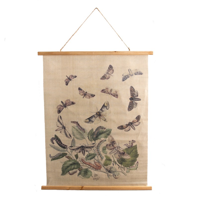 5WK0047 Wall Tapestry 80x100 cm Beige Wood Textile Butterflies Rectangle Wall Hanging