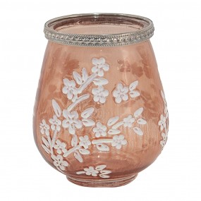 26GL3498 Tealight Holder Ø 9x10 cm Pink White Glass Metal Flowers Round Tea-light Holder