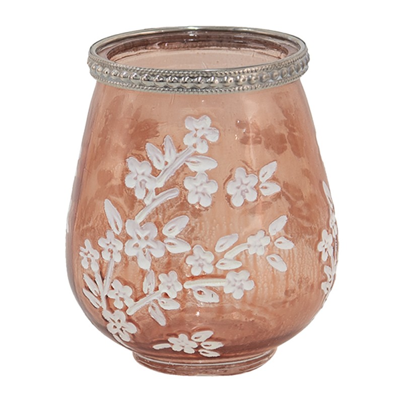 6GL3498 Tealight Holder Ø 9x10 cm Pink White Glass Metal Flowers Round Tea-light Holder