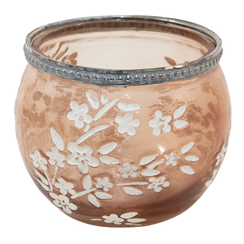 6GL3504 Tealight Holder Ø 10x8 cm Brown White Glass Metal Flowers Round Tea-light Holder