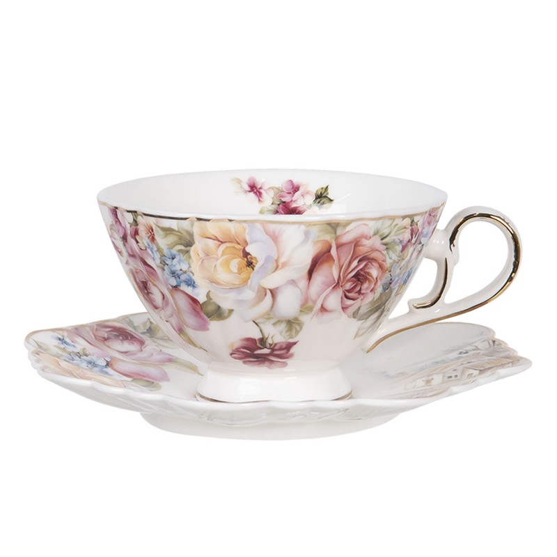 6CE1175 Cup and Saucer 200 ml White Pink Porcelain Flowers Round Tableware