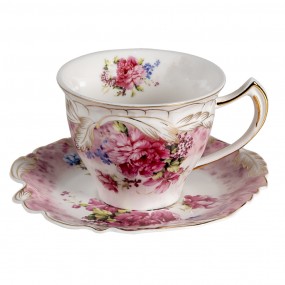 26CE1270 Cup and Saucer 200 ml White Pink Porcelain Flowers Round Tableware