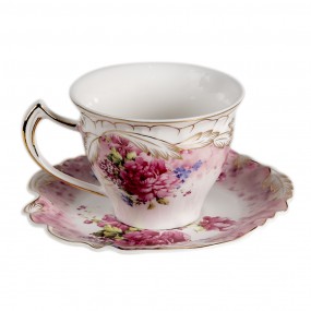 26CE1270 Cup and Saucer 200 ml White Pink Porcelain Flowers Round Tableware