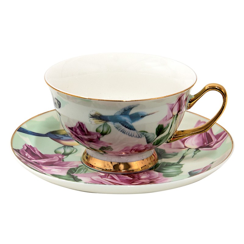 6CE1479 Cup and Saucer 200 ml Green Porcelain Flowers Tableware