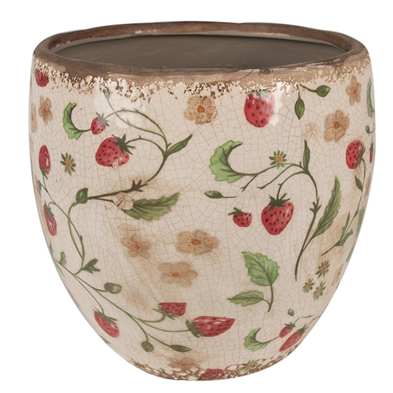 6CE1634L Pot de fleurs Ø 18x18 cm Beige Rouge Céramique Fraises Pot de fleurs d'intérieur