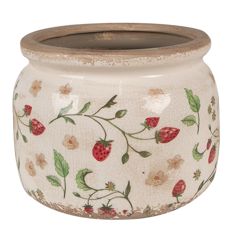 6CE1632L Pot de fleurs Ø 20x15 cm Beige Rouge Céramique Fraises Pot de fleurs d'intérieur