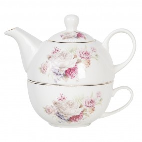 2FROTEFO Tea for One 400 ml White Pink Porcelain Flowers Round Tea Set