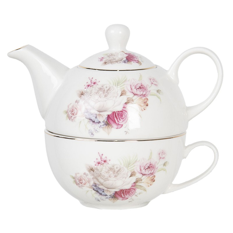 FROTEFO Tea for One 400 ml Weiß Rosa Porzellan Blumen Rund Teekanne-Set