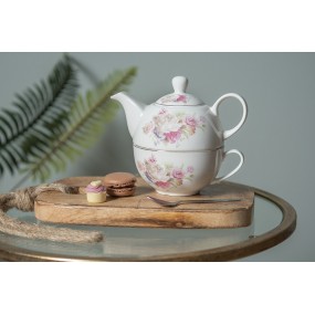 2FROTEFO Tea for One 400 ml Weiß Rosa Porzellan Blumen Rund Teekanne-Set