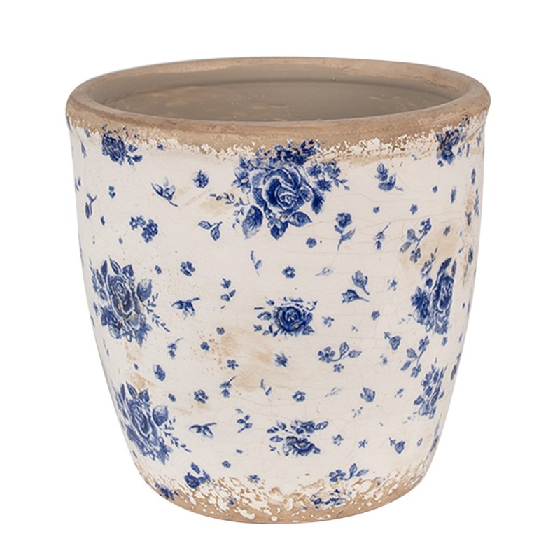 6CE1658L Bloempot  Ø 16x16 cm Beige Blauw Keramiek Roosjes Bloempot Binnen