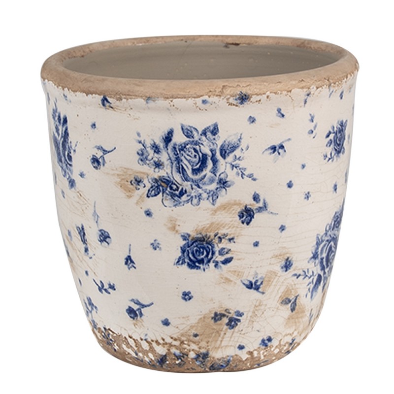 6CE1658S Bloempot  Ø 13x12 cm Beige Blauw Keramiek Roosjes Bloempot Binnen