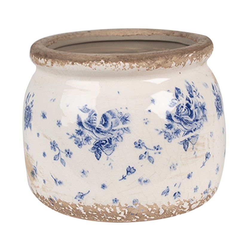 6CE1659S Pot de fleurs Ø 12x10 cm Beige Bleu Céramique Roses Pot de fleurs d'intérieur