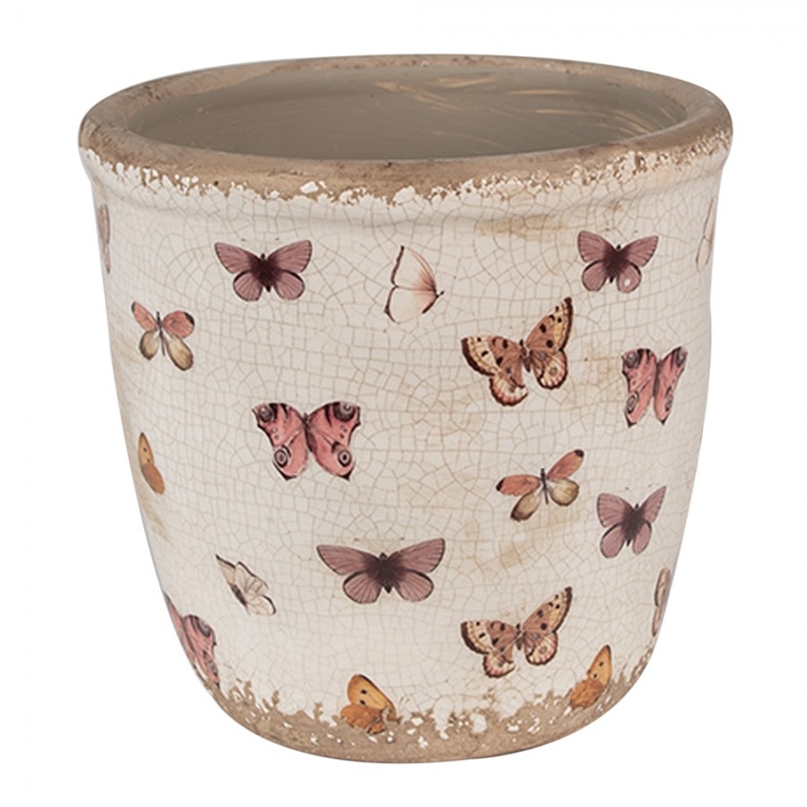 6CE1661M Planter Ø 15x14 cm Beige Pink Ceramic Butterflies Indoor Planter