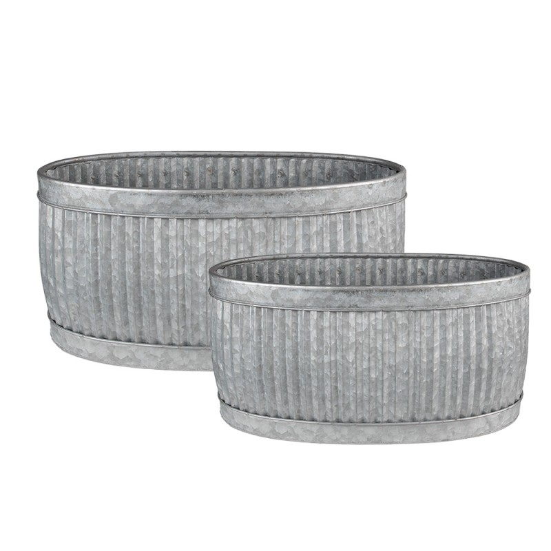 6Y4886 Decorative Zinc Tub Set of 2 52x25x26 cm Grey Metal Oval Decorative Bucket