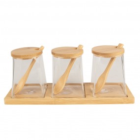 26GL4410 Storage Jar Set of 3 7x7x10 cm Transparent Glass Wood