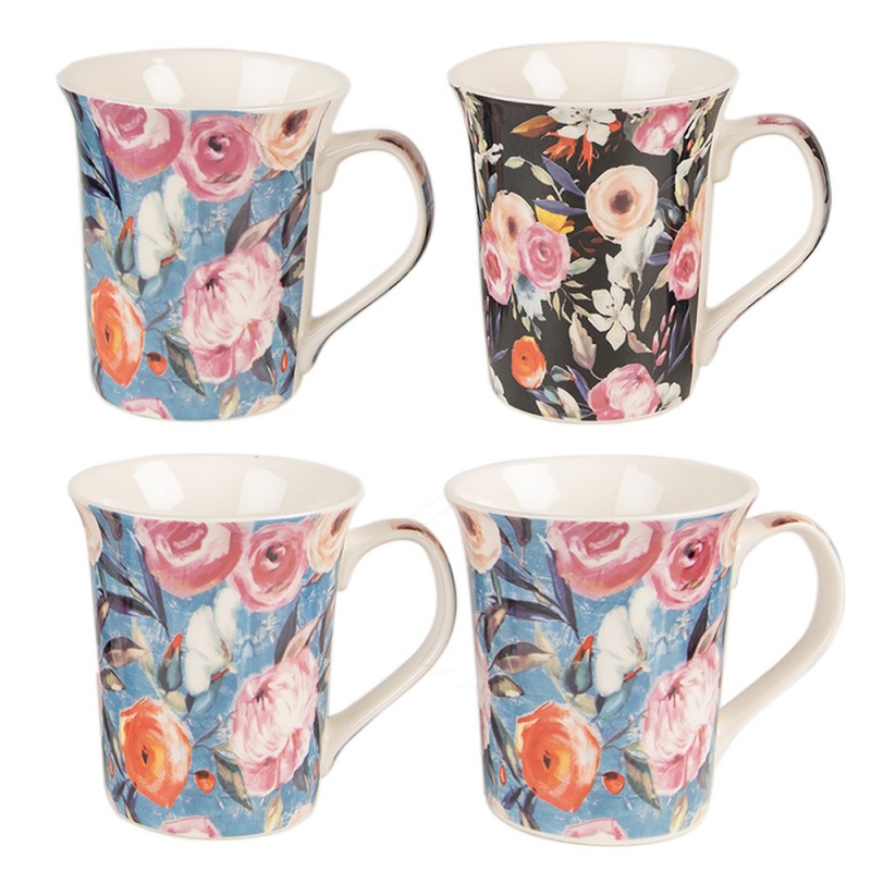 6CEMS0048 Mug Set of 4 300 ml Blue Pink Porcelain Flowers