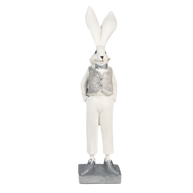 6PR4047 Figur Kaninchen 36 cm Weiß Silberfarbig Polyresin Osterdekoration
