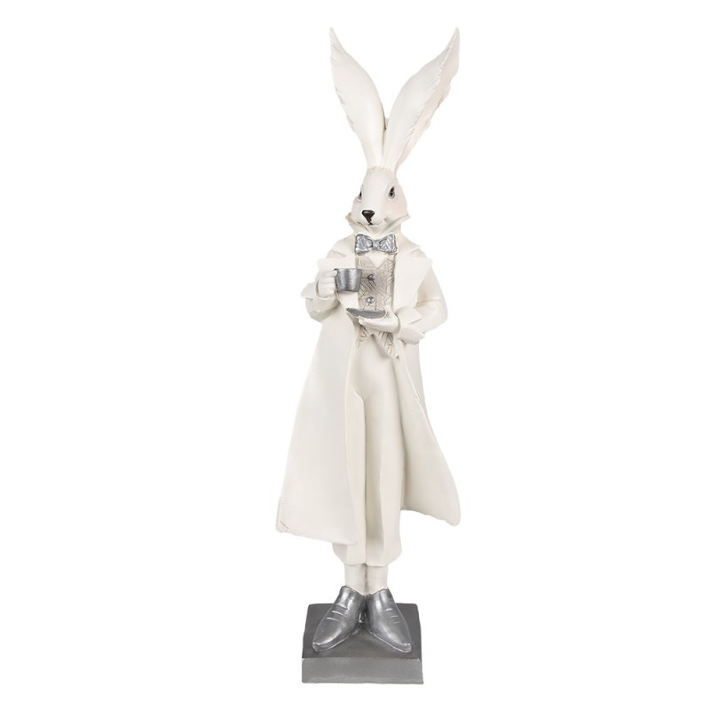 6PR4049 Figurine Lapin 47 cm Blanc Couleur argent Polyrésine Décoration de Pâques