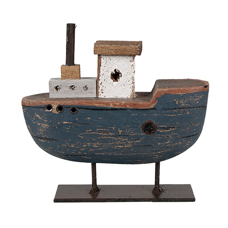 6H2337 Decorative Model Boat 10 cm Grey Blue Wood Iron