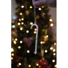 26GL4356 Ornement de Noël Canne en sucre d'orge 14 cm Couleur argent Verre Décorations d'arbre de Noël
