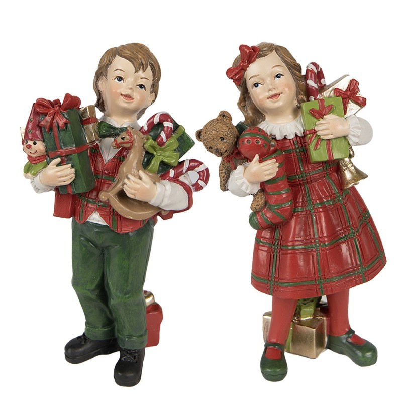 6PR3920 Decorative Figurine Children set van 2 / 13 cm Red Green Polyresin Christmas Decoration