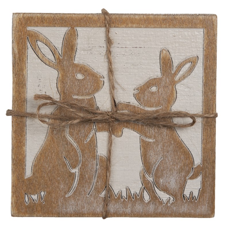 6H2071 Coasters for Glasses Set of 4 10x10 cm Brown Wood Hares Square Coasters